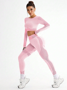 Women 2 Piece Yoga Set White Solid Scoop Neck <b>Crop</b> <b>Top</b> High Waist Full Length Leggings Breathable Spandex Polyester Seamless - Product Image 4