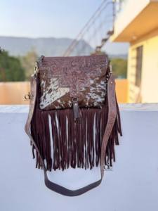 New Unique Designer Hand <b>Tooled</b> Carving Leather Fringe <b>Tote</b> <b>Bag</b> Stylish Purse Cowhide Fur Leather <b>Bags</b> for Women's Multi Use - Product Image 4