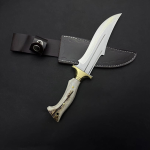 Cuchillo de Caza y Camping Jexa con Mango de Cuerno de Ciervo, Hoja Parcialmente Dentada de Acero Inoxidable 4116, con Funda de Cuero, Garantía de 3 Años - Product Image 1
