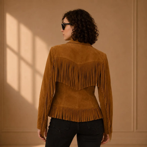 Chaqueta de Cuero con Flecos para Mujer, Estilo Vaquero Occidental, Cuello Camisero, Manga Larga, para Otoño - Product Image 5