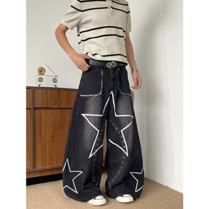 <b>Men's</b> <b>Wide</b> <b>Leg</b> Star Print High Waist Denim <b>Jeans</b> Cotton Midweight Stonewashed Sand Wash Casual ODM Customizable Buttons Logo - Product Image 5