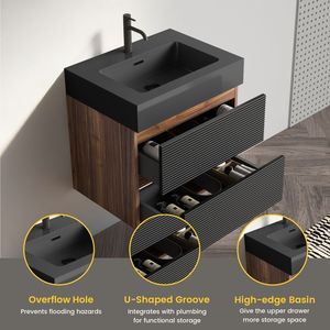 Grace 24 <b>Wall</b> Mounted <b>Floating</b> Bathroom Vanity Matt Black Engineered Quartz Sink Soft Black Drawers Premium Bathroom Vanities - Product Image 4