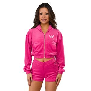 Women's Hot Pink <b>Crop</b> Full <b>Zip</b> Hoodie Long Sleeve Soft Casual Workout Gym Activewear Comfortable Relaxed Fit Outerwear - Product Image 1