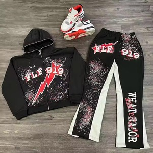 High quality custom two-piece Fleece jogger suit full zip Pullover hoodie flared sweatpants <b>Screen</b> printed logo men 2026 - Product Image 3
