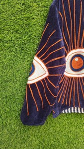 Chaqueta de terciopelo azul marino con bordado de ojo turco y aplique de rayos de sol naranja, estilo bohemio, manga larga, prenda exterior artesanal para mujer - Product Image 4