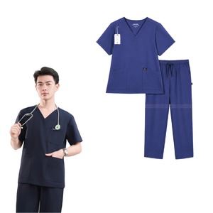 Conjunto de Uniforme Médico para Hombre, Cuello en V, Color Azul Marino, Manga Corta, Pantalones de Punto de Poliéster, Rayón y Spandex Incluidos - Product Image 1