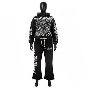 Survêtements pour hommes délavés à l'acide, coupe oversize à épaules tombantes, imprimés sérigraphiés sur toute la surface, style vintage, comprenant un sweat à capuche et un pantalon à jambe droite - Product Image 2