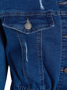Women <b>Cropped</b> Blue <b>Denim</b> <b>Jacket</b> Elastic Hem Button Front Long Sleeve Casual Fashion Jean Outerwear - Product Image 6