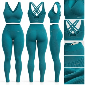 Conjunto de yoga acanalado color verde azulado para mujer, sujetador deportivo cruzado, leggings de cintura alta, ropa deportiva para gimnasio, entrenamiento, conjunto deportivo de dos piezas - Product Image 1