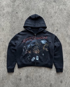 Sudadera con capucha personalizada vintage lavada y desgastada con cremallera completa, de peso pesado, oversize, con gráficos y pedrería bordada, estilo streetwear para hombre - Product Image 1