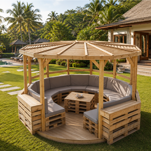 Gazebo de Jardín Moderno y Duradero de Madera para Exteriores con Asientos Integrados para Resort, Villa, Patio Trasero y Terraza - Product Image 1