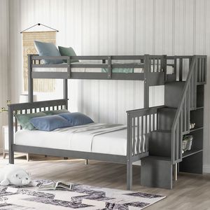 Letto a castello grigio con letto singolo sopra e letto matrimoniale, con contenitore e sponda di protezione per la cameretta dei bambini (Vecchio SKU LP000019AAE) - Product Image 1