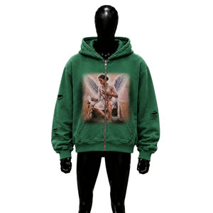 GREEN ANGEL GRAPHIC ZIP HOODIE, Veste polaire décontractée oversize, Vêtement d'automne, Streetwear confortable oversize, 100% polaire personnalisable - Product Image 1