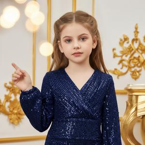 Vestido Corto Azul con Lentejuelas de Diseñador de Alta Calidad para Niña, Cuello en V, Bordado de Terciopelo, Vestidos Formales para Niños para Bodas y Cumpleaños de Lujo - Product Image 5