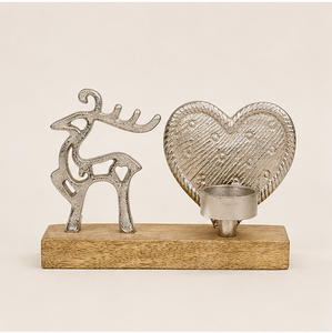 Silver Metal Reindeer And Heart Tealight Candle Holder Natural Wood Base Rustic Christmas Table Centerpiece Home Holiday Decor - Product Image 5
