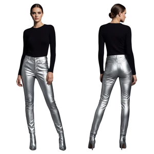 Pantalon en cuir de haute qualité pour femme, style urbain, hiver, toile, coupe-vent, respirant, écologique, élégant, coupe mi-skinny, effet vieilli - Product Image 5