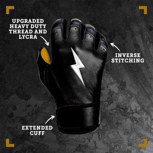 Premium Black Fingerless Leather Baseball Batting Gloves <b>Wrist</b> <b>Support</b> Strap Yellow <b>Thumb</b> Accent White Light Breathable - Product Image 5