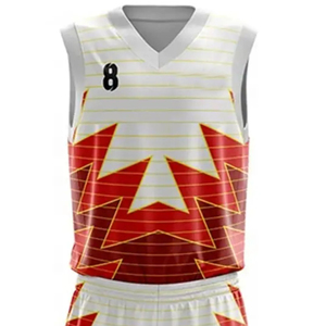 Ensemble short et maillot de basket personnalisé par sublimation, unisexe adulte, motif géométrique rouge et blanc, respirant, toutes saisons, coupe athlétique - Product Image 4