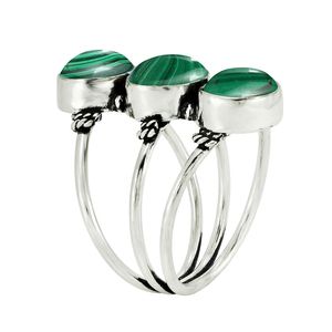 GOURIK Bague triple en argent 925 avec malachite verte naturelle sertie clos, style bohème, bijoux unisexe pour usage quotidien - Product Image 3