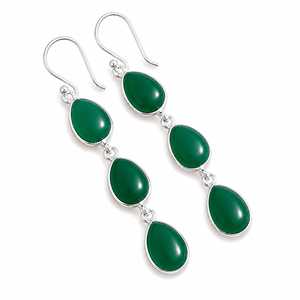 Boucles d'oreilles pendantes artisanales en laiton avec triple pierre précieuse en forme de goutte d'eau, onyx vert, plaqué argent/or, design unique, style bohème, cadeau pour femme - Product Image 1