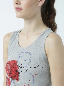 Débardeur Femme Gris à Imprimé Floral, Col Rond, Sans Manches, Tricoté 100% Coton Respirant, avec Logo Avant - Product Image 3
