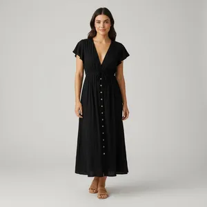 Vestido Largo Bohemio Negro para Mujer, de Algodón y Lino, Cuello en V, Manga Corta con Volantes, Cintura Ajustable con Cordón, Botones, Corte Holgado - Product Image 1