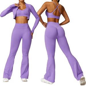 Ensemble de 3 pièces pour femmes : haut sans couture à manches longues, soutien-gorge et leggings taille haute – Tenue de sport, fitness, yoga - Product Image 1