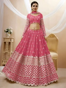 Pink <b>Sequin</b> Georgette Maxi A-Line Lehenga Choli with Dupatta Semi Stitched Quick Dry Bridesmaid Dress Wedding Party Outfit - Product Image 1