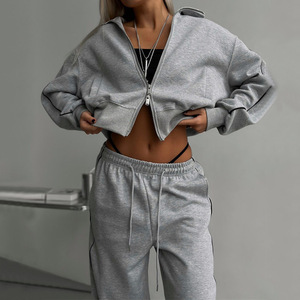 Women Green Tracksuit Set <b>Zip</b>-up Jacket Drawstring Wide Leg Pants Sporty Solid Color Knitted Cotton Spandex Autumn Wear - Product Image 5