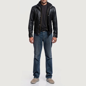 Blouson moto à capuche en cuir véritable noir pour homme, fermeture éclair, coupe classique, style automne, couleur unie, vêtement d'extérieur - Product Image 6