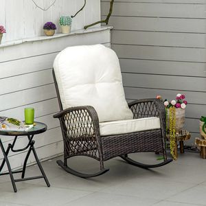 Sedia a dondolo da esterno in vimini bianco crema con seduta ampia e cuscino spesso in poliestere, pieghevole per patio - Product Image 2