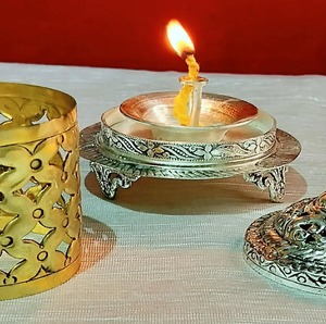 Silver Plated Carved Base Oil Lamp Diya <b>Stand</b> Holder for Home Temple Sacred Puja, available at wholesale prices. - Product Image 1