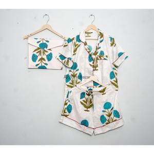 Conjunto de Pijama Corto de Lujo 100% Algodón para Mujer, Estampado a Bloques, Transpirable, Suave y Cómodo, Ropa de Dormir de Verano, Camiseta de Punto para Descansar - Product Image 1