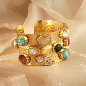 Bold statement jewelry multi color gemstone wide cuff <b>bracelet</b> brass 18k gold plated adjustable closure hammered cuff for women - Product Image 5