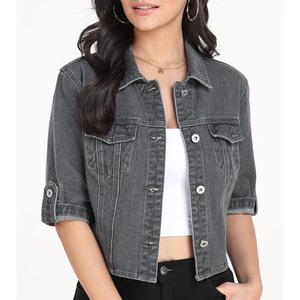 Easy to Wear Turn Down Collar Long Sleeves with button cuffs <b>single</b> button regular size cropped denim jacket women's - Product Image 1