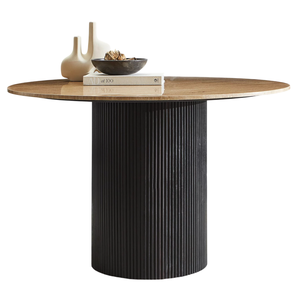 โต๊ะรับประทานอาหารทรงกลมหินอ่อนทราเวอร์ทีนสีเบจ พร้อมฐานไม้มะม่วงลายไม้แบบกลมเคลือบสีดำด้าน - Product Image 1