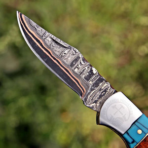 Personalized Copper Damascus Hunting Knife Wood Handle Drop Point Blade Straight Edge Folding Knife With Leather Sheath - Product Image 3
