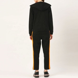 Custom Women <b>Zip</b> Up <b>Hooded</b> Jogger Set Two Piece Contrast Side Stripe Black Orange Jogger Set Manufacturer Wholesale - Product Image 3