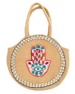 Sac fourre-tout en jute fait main avec broderie œil porte-bonheur, main de Hamsa, coquillages de cauris et sequins, sac de plage, vente en gros OEM ODM - Product Image 1