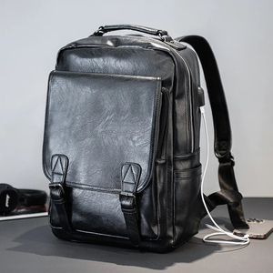 Genuine <b>Leather</b> Laptop <b>Backpack</b> With USB Port <b>Large</b> Capacity Classic Style Unisex Softback Shoulder Straps Zipper Hasp Closure - Product Image 1