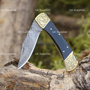 UA Supplies Industrial Grade Damascus Steel Folding Pocket Knife Hand Engraved Brass Bolster Handmade Micarta Handle OEM Private - Product Image 5