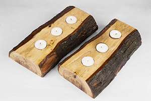 Centre de table en bois massif avec trois bougies chauffe-plat espacées uniformément, intégrées dans du bois naturel à bord vif et organique. - Product Image 3