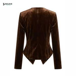 Blazer en velours pour femme, veste marron élégante, coupe ajustée, veste formelle minimaliste, blazer à boutons perlés, luxe - Product Image 2