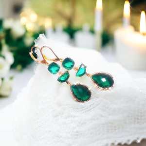 Green Emerald Drop Earrings Framed Handmade 925 Sterling <b>Silver</b> 14K Gold Plated Gemstone Jewelry Gift For Women - Product Image 2