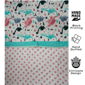 Premium Jaipur Hand Block Printed Baby Quilt <b>set</b> Dinosaur Print Eco-Friendly Soft 100% Cotton Reversible 200TC Travel & Nursery - Product Image 2