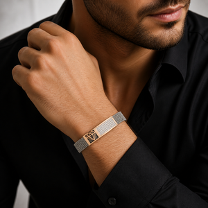 925 Sterling Silver Rose Gold Solid Gold Accent Cubic Zirconia Bracelet High Polish Diamond Motif Mesh Link <b>Mens</b> Unisex <b>for</b> Wedd - Product Image 4