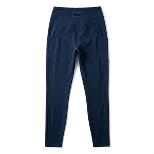 Navy Blue Color <b>Leggings</b> <b>with</b> <b>Pocket</b> High Waist Full Length Knitted Spandex Polyester Breathable Quick Dry Women's Activewear - Product Image 2