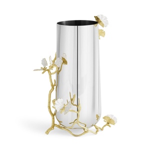 Jarrón de lujo Saleem International 2026 con diseño de granada, color plateado, de metal, con hoja de ginkgo marrón dorado - Product Image 1