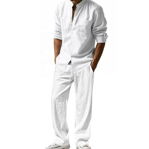 European and American Men's Autumn Breathable Loose Trendy <b>Linen</b> Solid Color Simple Lapel Long-Sleeve Shirt and Beach Pants <b>Set</b> - Product Image 4