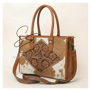 Bolso de cuero hecho a mano, de piel auténtica con pelo, tipo tote, con correa cruzada grabada, cartera de cuero genuino, bolso de oficina. - Product Image 2
